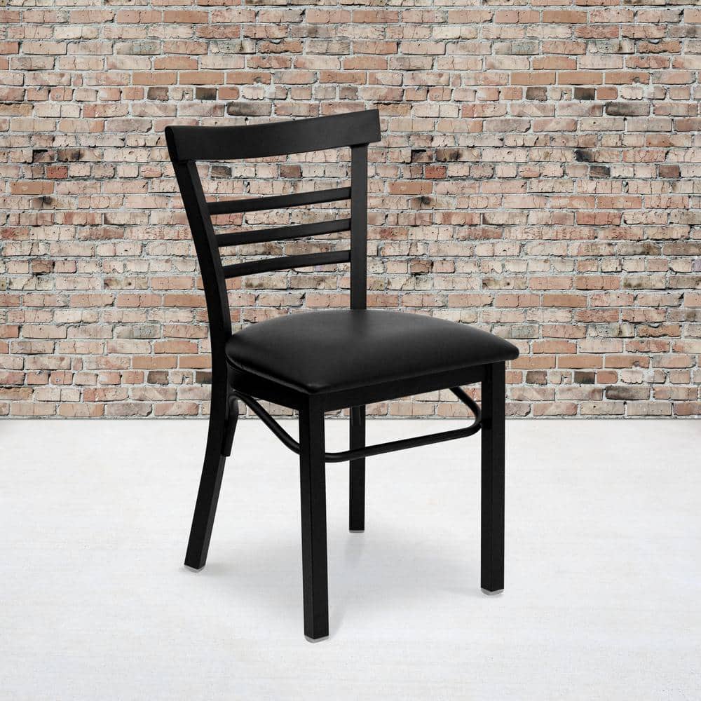 High Slat Ladderback Side Chair in Black Steel with Vinyl Seat