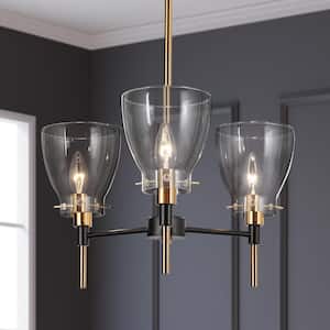 3-Light Black Round Chandelier for Dining Room, Transitional Brass Gold Pendant Light with Cone Clear Glass Shades