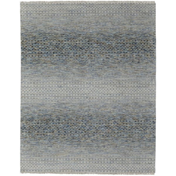 6 ft. x 9 ft. Ivory Blue and Brown Wool Hand Knotted Area Rug With Fringe
