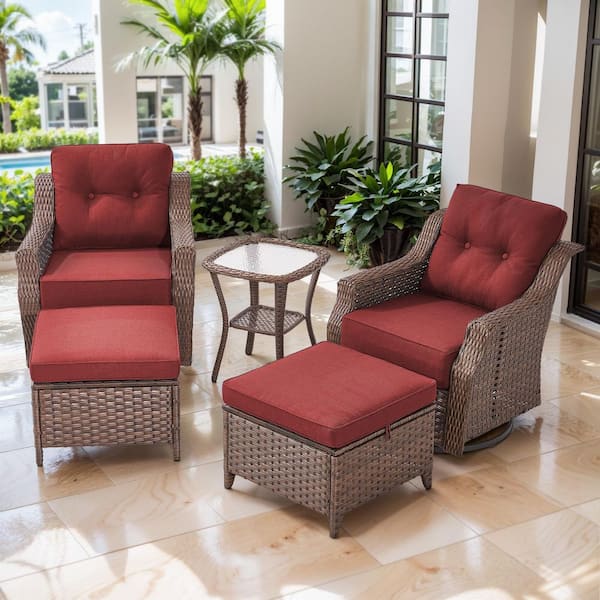 Artisan Brown 5-Piece Wicker Swivel Rocker Patio Conversation Set with 6 in. Thick Red Cushions for Balcony