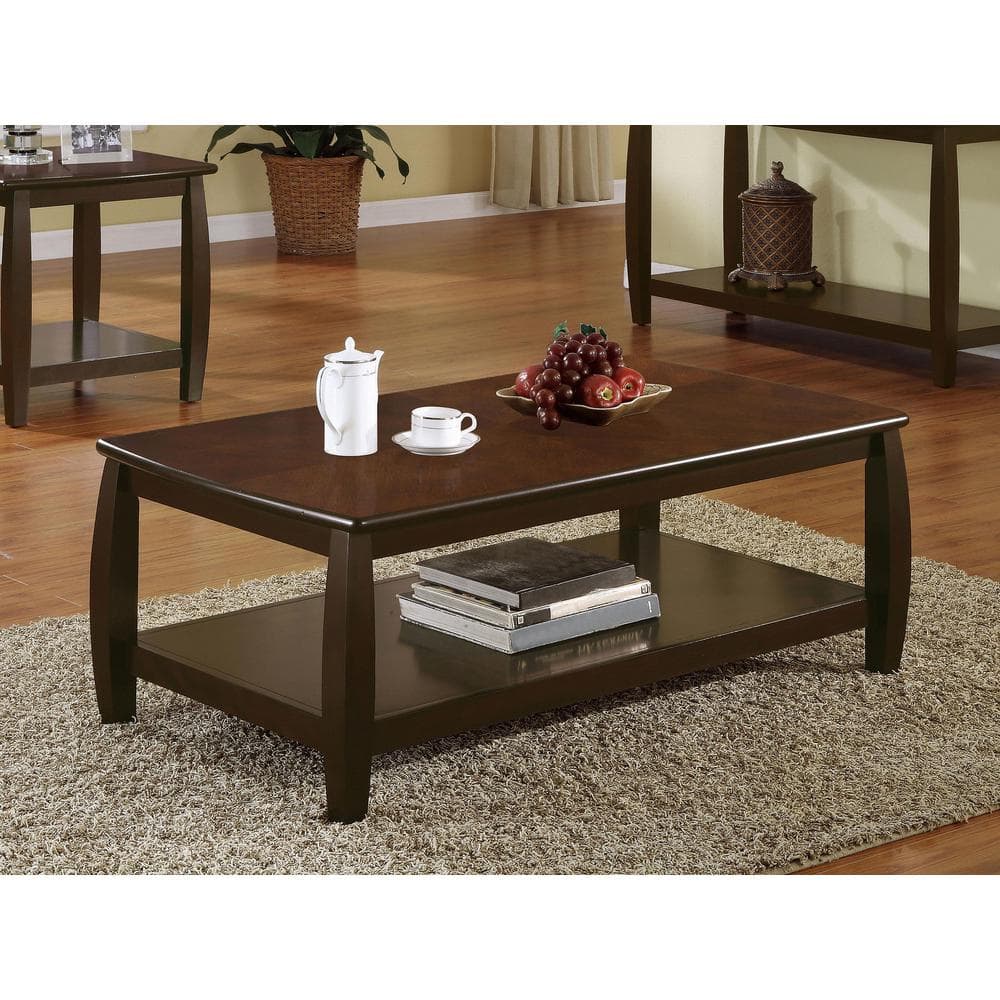 Marina Bowed Legs Cappuccino Finish Rectangular Coffee Table with Shelf