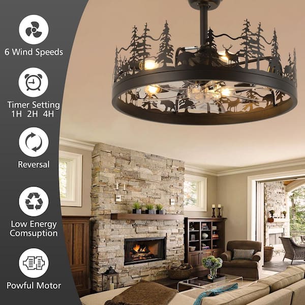 17.7 in. Farmhouse Black Flush Mount Ceiling Fan with Light Rustic Fandelier Fan and Remote Reversible Fan Blades