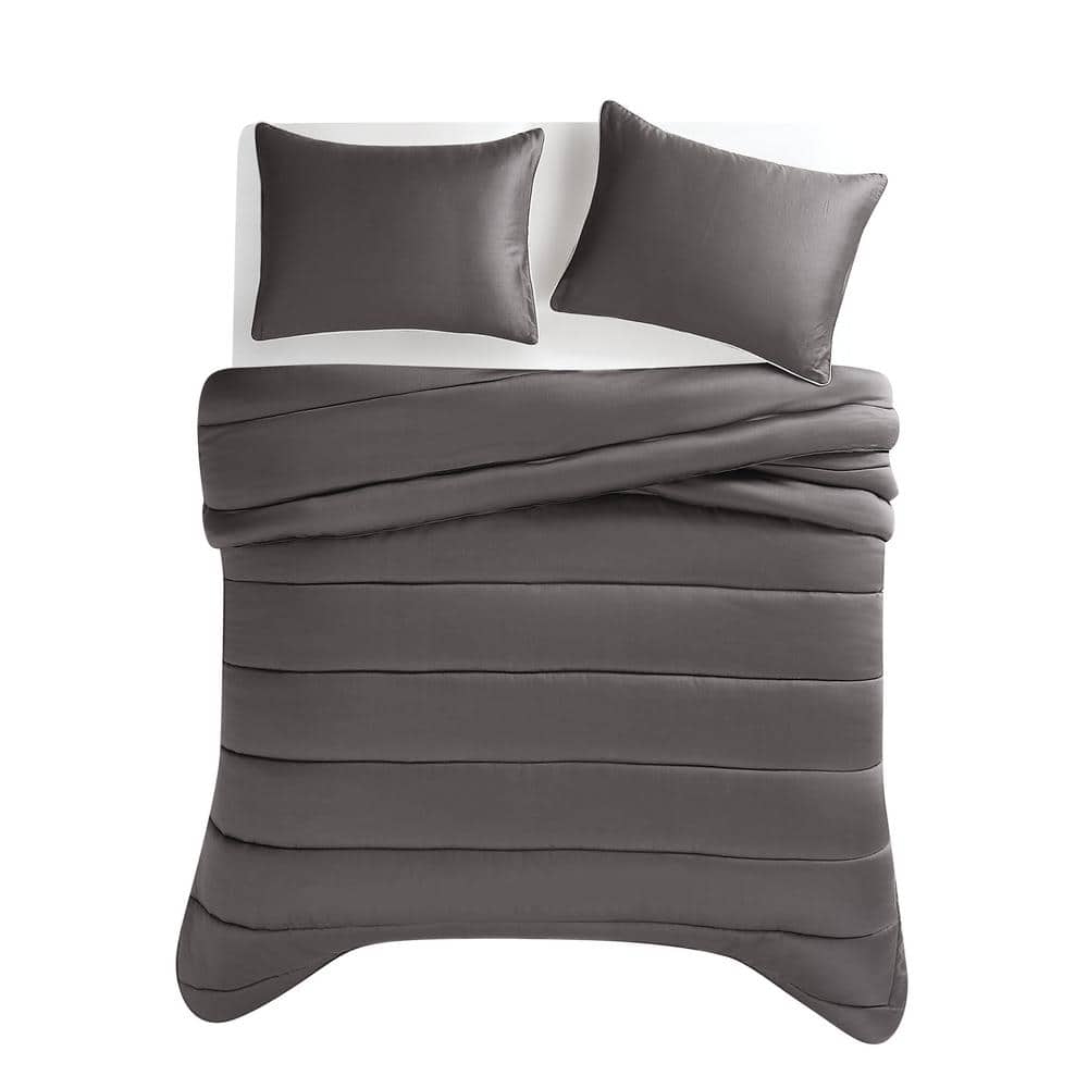 Twin Dark Grey Cotton Sateen Comforter Set with Polyfill
