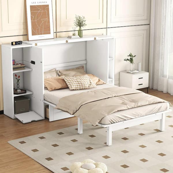 White Wood Frame Queen Murphy Bed with Shelves, Drawers and USB Ports