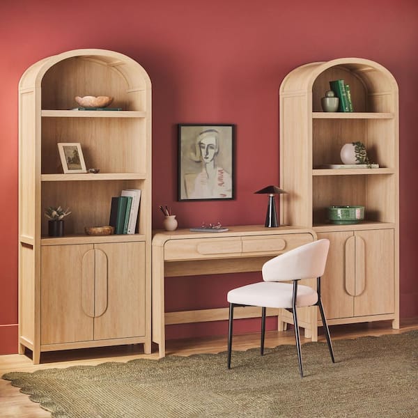Walker Edison Furniture Company 3-Piece Modern 38 in. Waterfall Coastal Oak Writing Desk with Pull Drawers and 2 76 in. Cabinet Bookcases