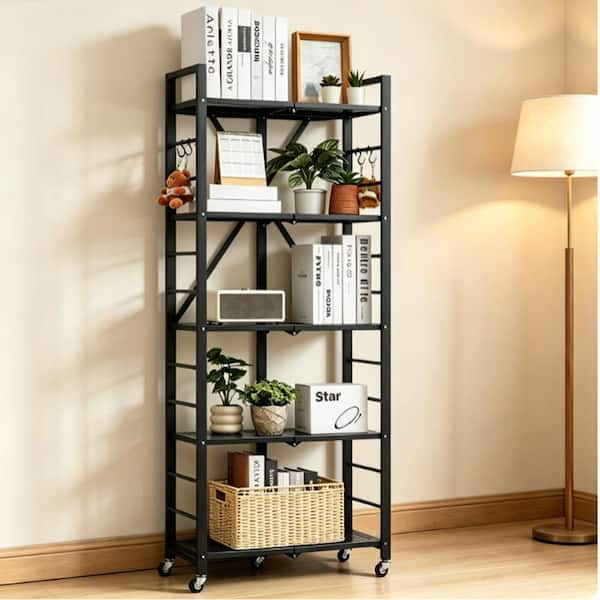 6-Tier Foldable Metal Storage Shelf, No Assembly Pantry Organizers with Wheels and Hooks, Black