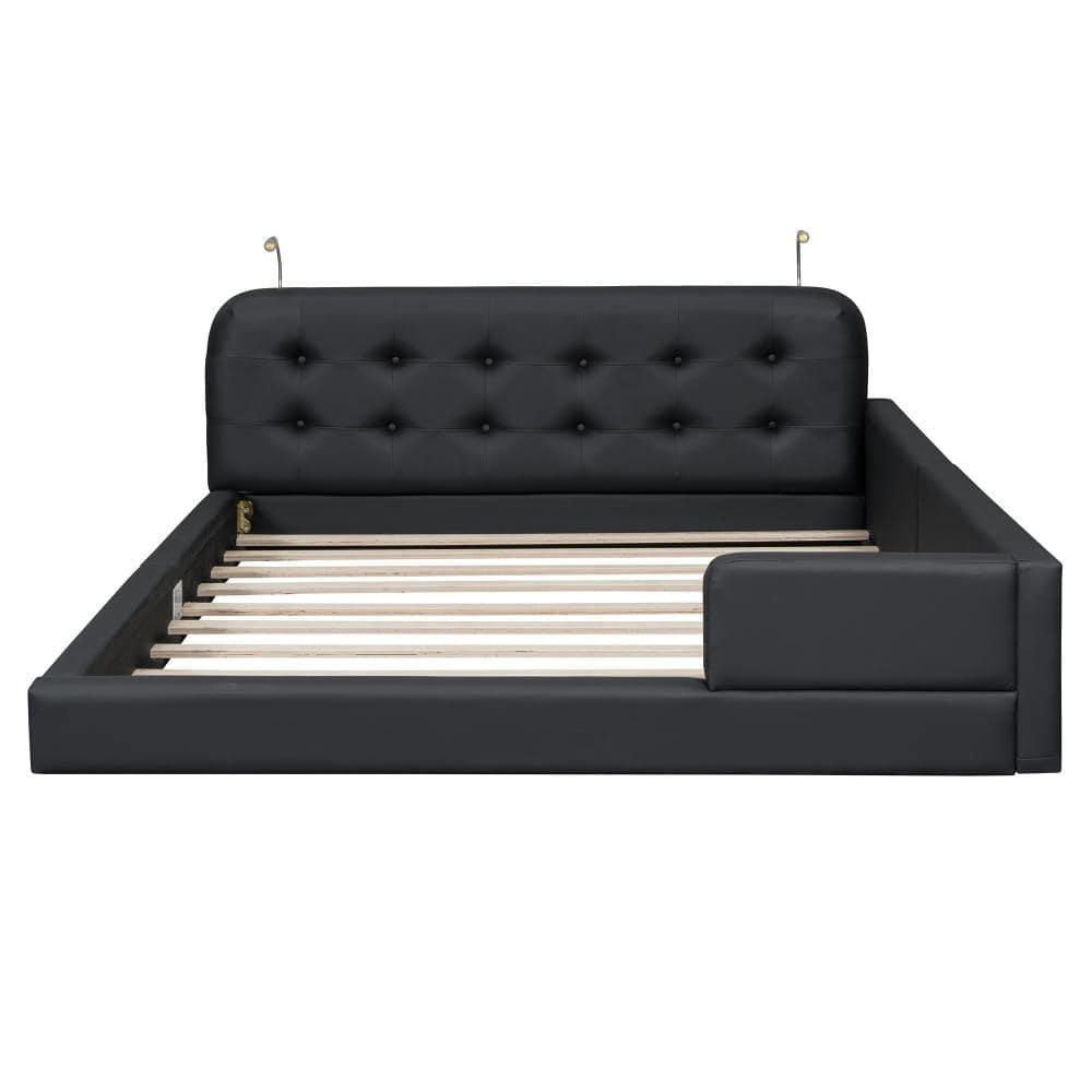 Black PU Leather Frame Queen Platform Bed with Built-in Reading Lights durable construction price history on PriceWatchPro