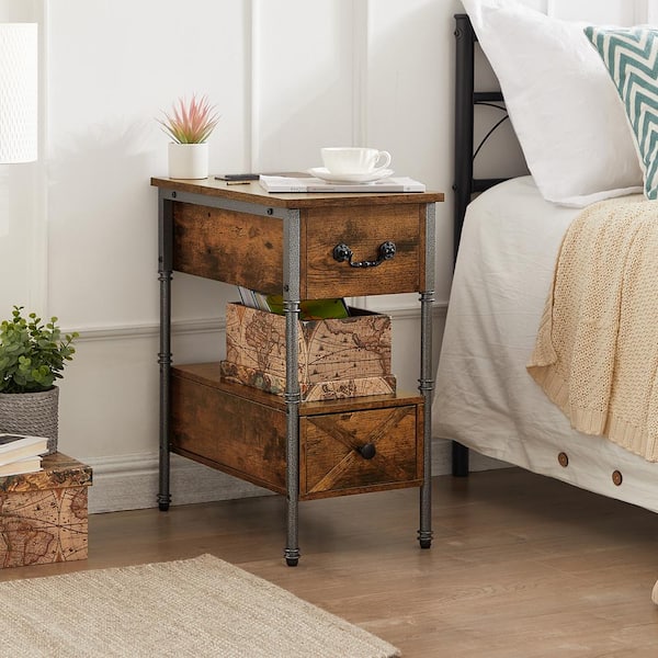 VECELO Side Table with USB Ports, Brown Side Table with Rectangle Box, Nightstand with Charging Station19.6"D x 23.6"H x 11.8"W