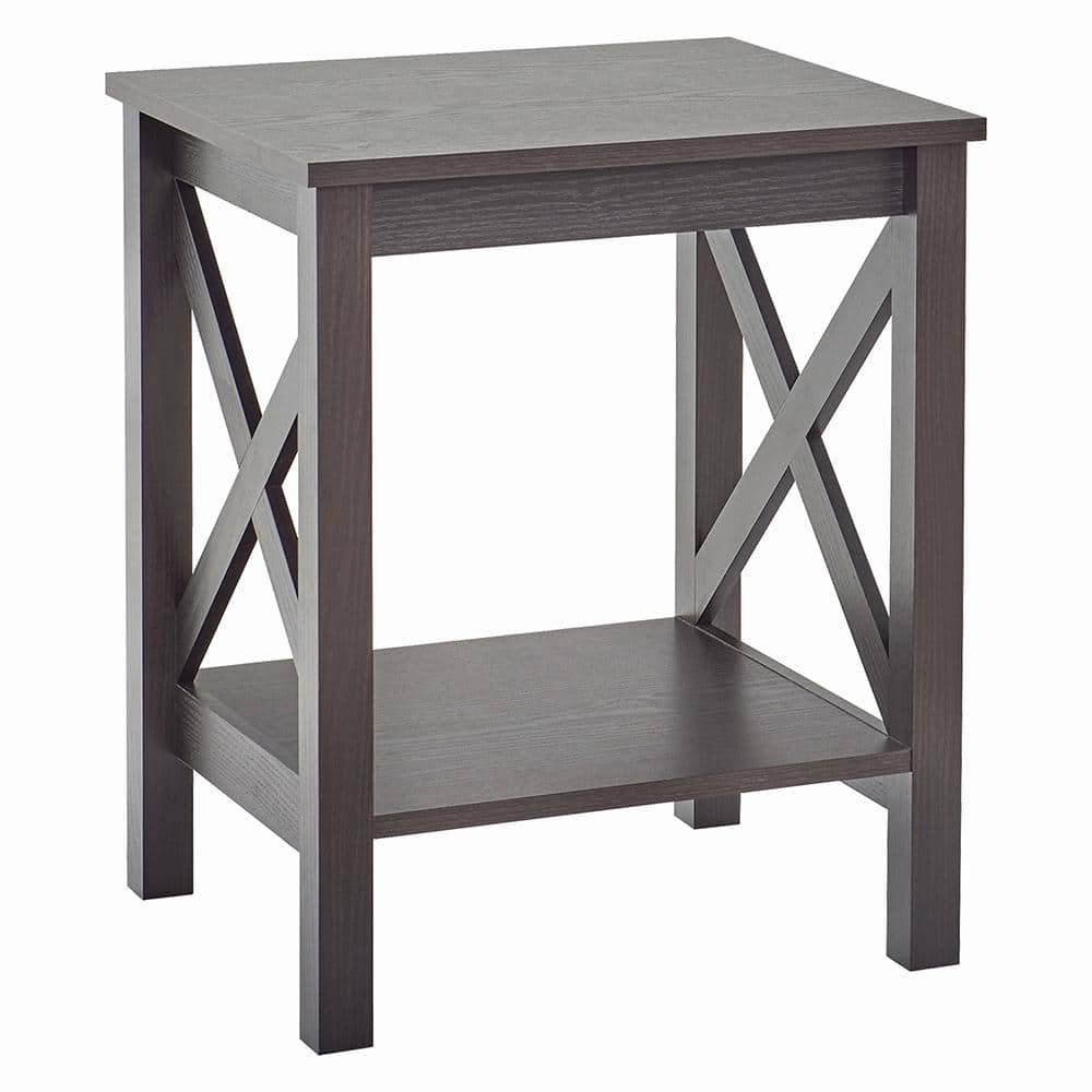 Rectangular X-Frame Dark-Brown Wood End Table with Two Shelves
