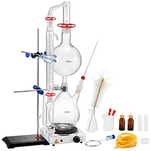 2000ml Essential Oil Distillation Kit, 3.3-Boro Glassware, 1000-Watt Heating Plate, 24/40 Joint, 28-Pieces Set