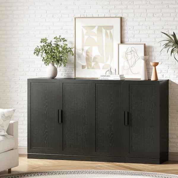 Set of 2 Black 36 in. H Bathroom Storage Cabinet with Wood Doors Shoe Storage Cabinet