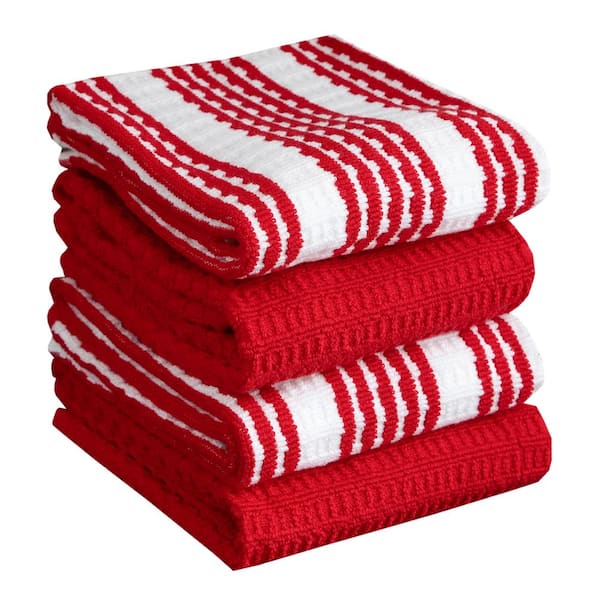 Ritz Red Cotton Terry Horizontal Stripe Bar Mop Kitchen Towel Set of 4