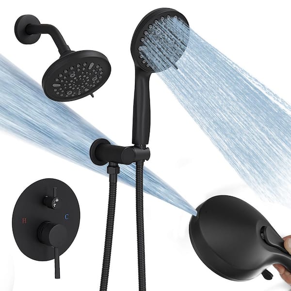 BWE Single Handle 1-Spray Round Rain Shower Faucet Set 1.8 GPM with High Pressure Shower Head Hand Shower in. Matte Black