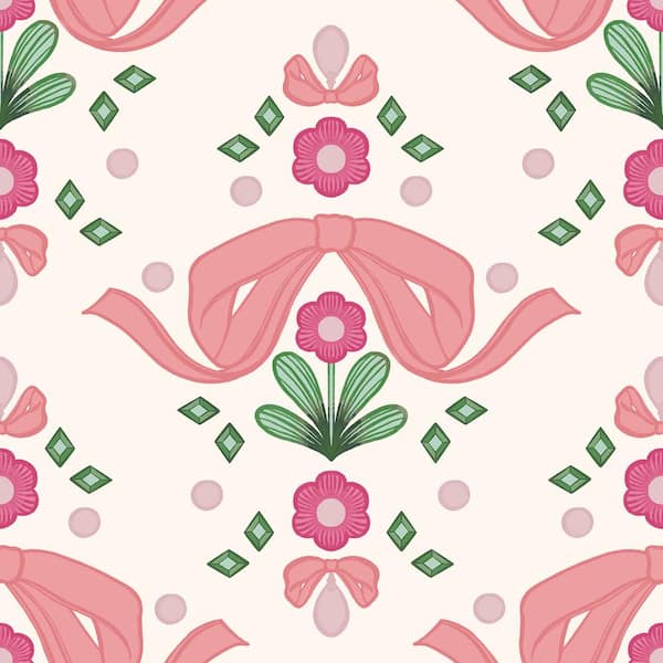 Teamson Kids Bow Damask Pink Peel and Stick Wallpaper Sample