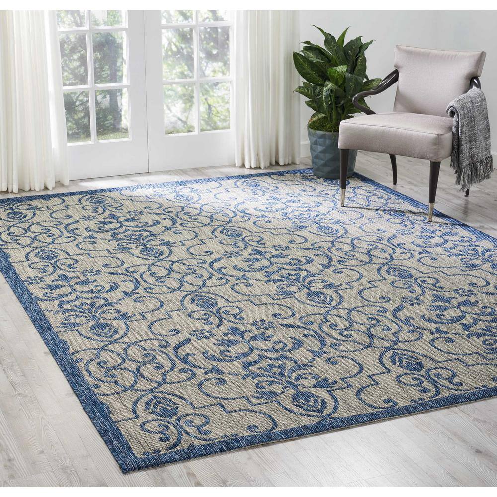 Country Side Chic Blue and Ivory Leaf Design Outdoor Rug