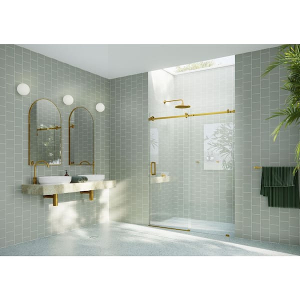 Astro 56 in. W x 78 in. H Sliding Frameless Shower Door with Square Hardware in Satin Brass with Clear Glass