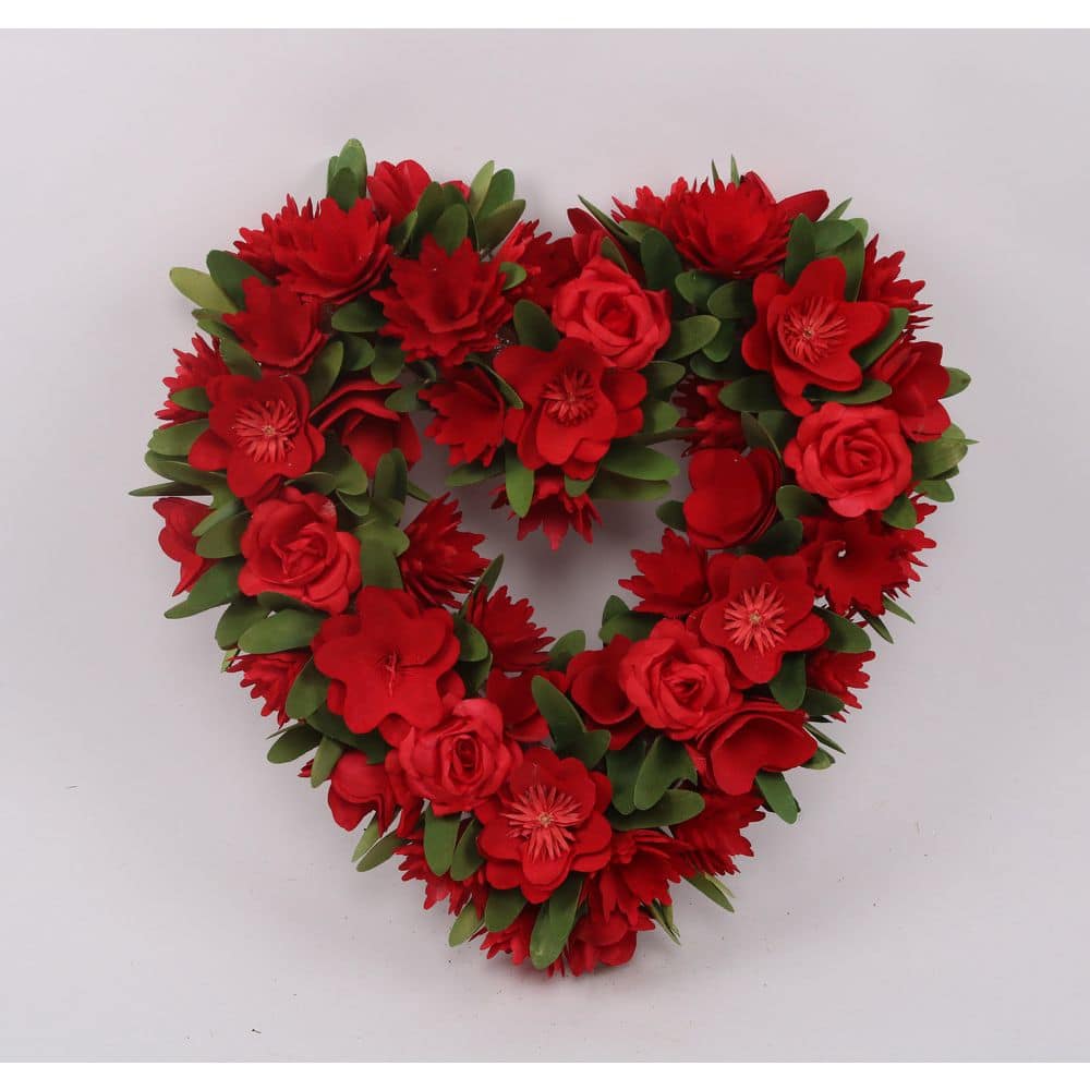 Heart-Shaped Red Floral Artificial Valentine's Day Wreath
