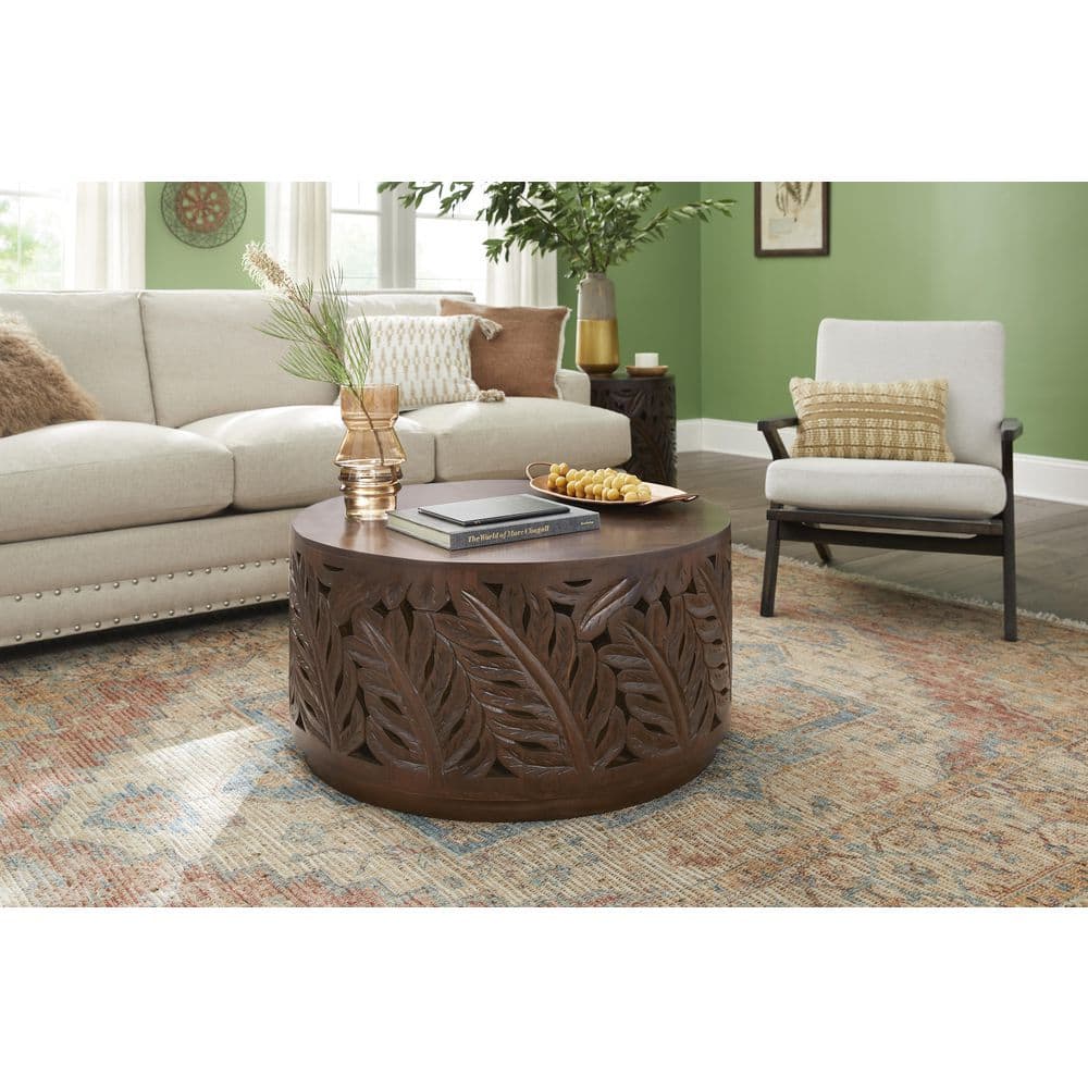 2024 Solid Wood Hand Carved Accent Coffee Table - 18 Inch Round Top x 18 Inch High