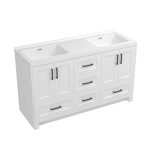 Getpro 60 in. W x 22 in. D x 35.5 in. H Freestanding Bath Vanity Cabinet and Solid Surface Countertop with Double Sink in White