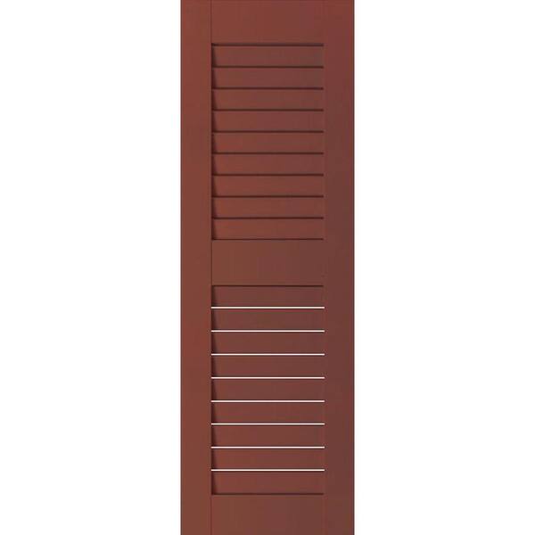 Ekena Millwork 15 in. x 26 in. Exterior Real Wood Pine Louvered Shutters Pair Country Redwood