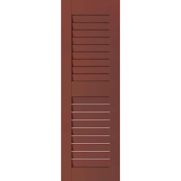 18 in. x 53 in. Exterior Real Wood Pine Louvered Shutters Pair Country Redwood