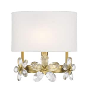 Dahlia 9 in. W x 9.25 in. H 1-Light Warm Brass Wall Sconce with White Linen Fabric Shade and Clear Crystal Flowers