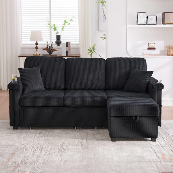 Elena 76.38 in. Corduroy L-Shaped Sectional Sofa in. Black with Pull-Out Storage, Ottoman, USB Charging, Cup Holder