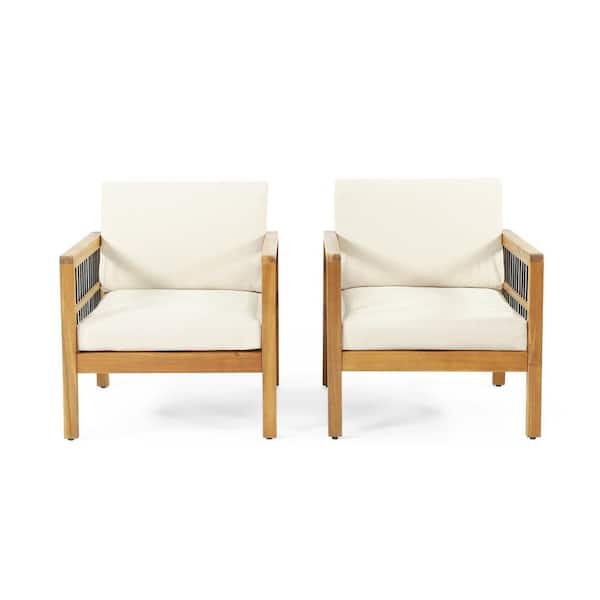 Noble House Bennion Wood Outdoor Teak Lounge Chair with Beige Cushion (2-Pack)