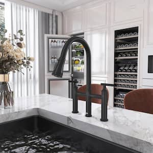 Double Handle Bridge Kitchen Faucet with Three Function Pull-Down Sprayhead in Matte Black