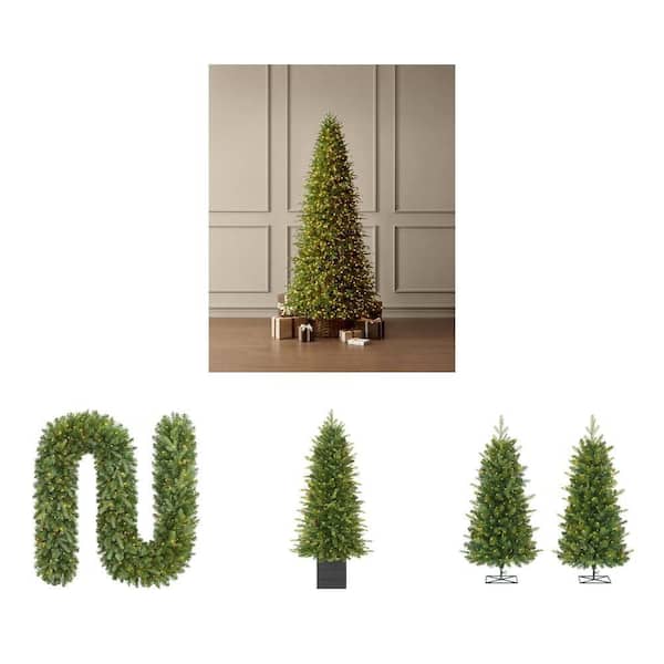 Grand Duchess Twinkling Pre-Lit Collection: 9 ft. Slim Artificial Tree, 4 ft. & 3 ft. (2pk) Potted Trees & 9 ft. Garland