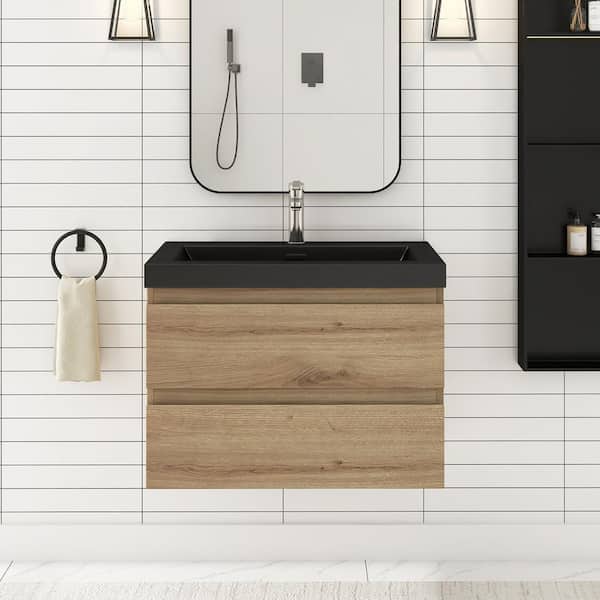 Unbranded 30 in. W x 19.5 in. D x 22.5 in. H Single Sink Wall Mounted Bathroom Vanity in F.Oak with Black Cultured Marble Top