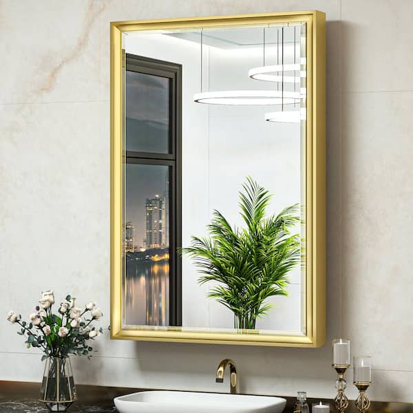 24 in. W x 36 in. H Rectangular Gold Metal Framed Beveled Surface Mount/Recessed Medicine Cabinet with Mirror