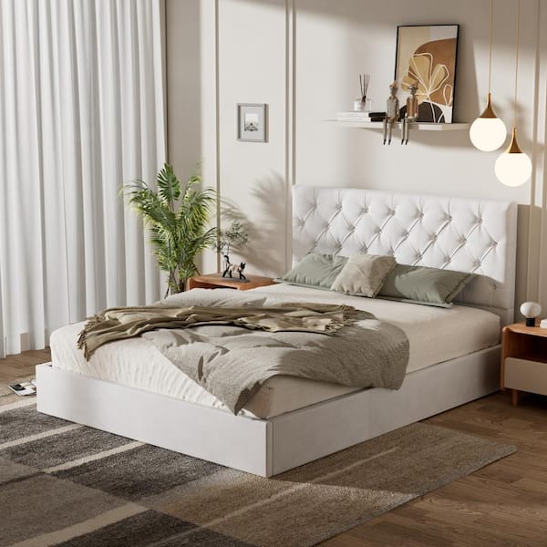 Ahokua White Frame Full Size Upholstered Platform Bed with Lift-up Storage Supported by Metal and Wooden Slats