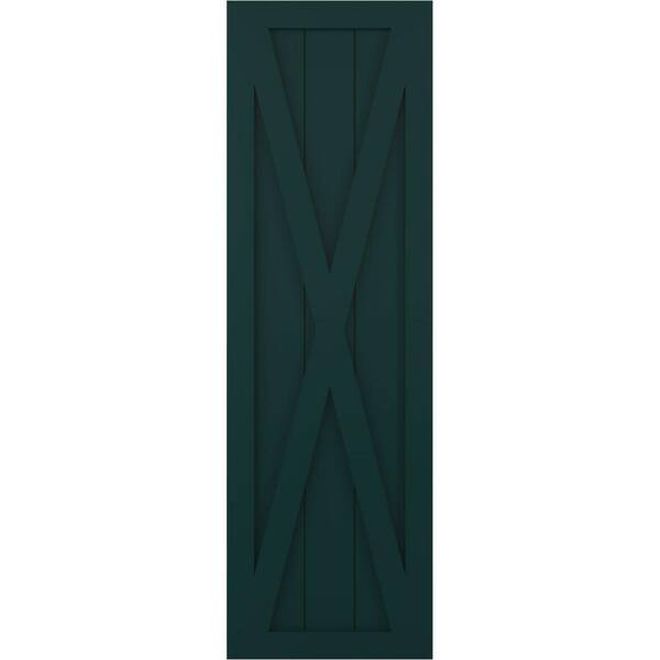Ekena Millwork 15 in. x 80 in. True Fit PVC Single X-Board Farmhouse Fixed Mount Board and Batten Shutters Pair in Thermal Green