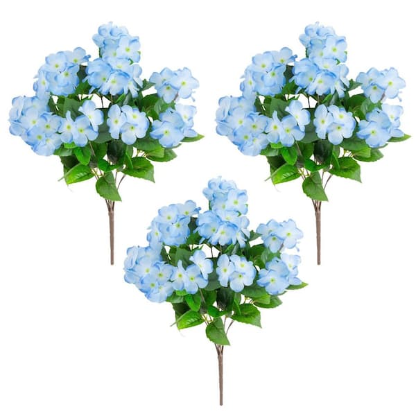 19 in. Blue UV Resistant Artificial Hydrangea Bush (Indoor/Outdoor) - (Set of 3)