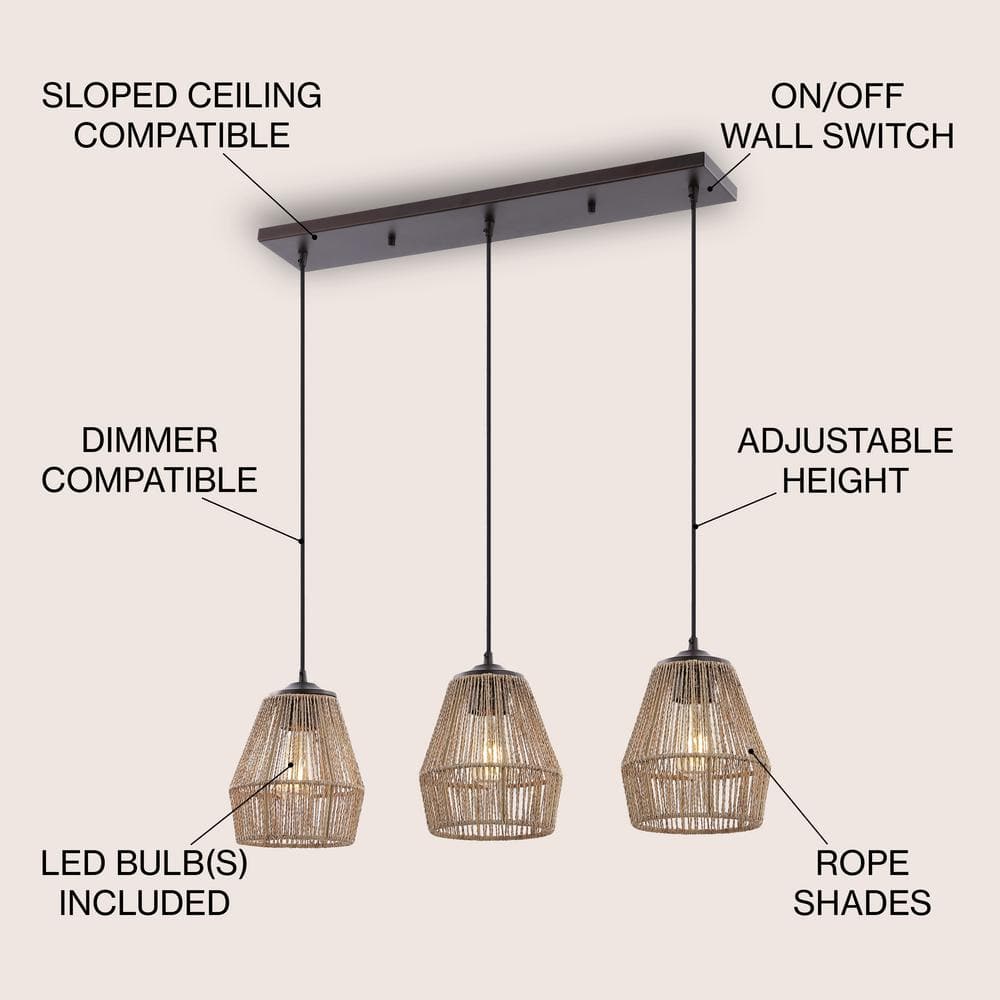 Ibiza Island 30" 3-Light Seagrass and Metal Pendant