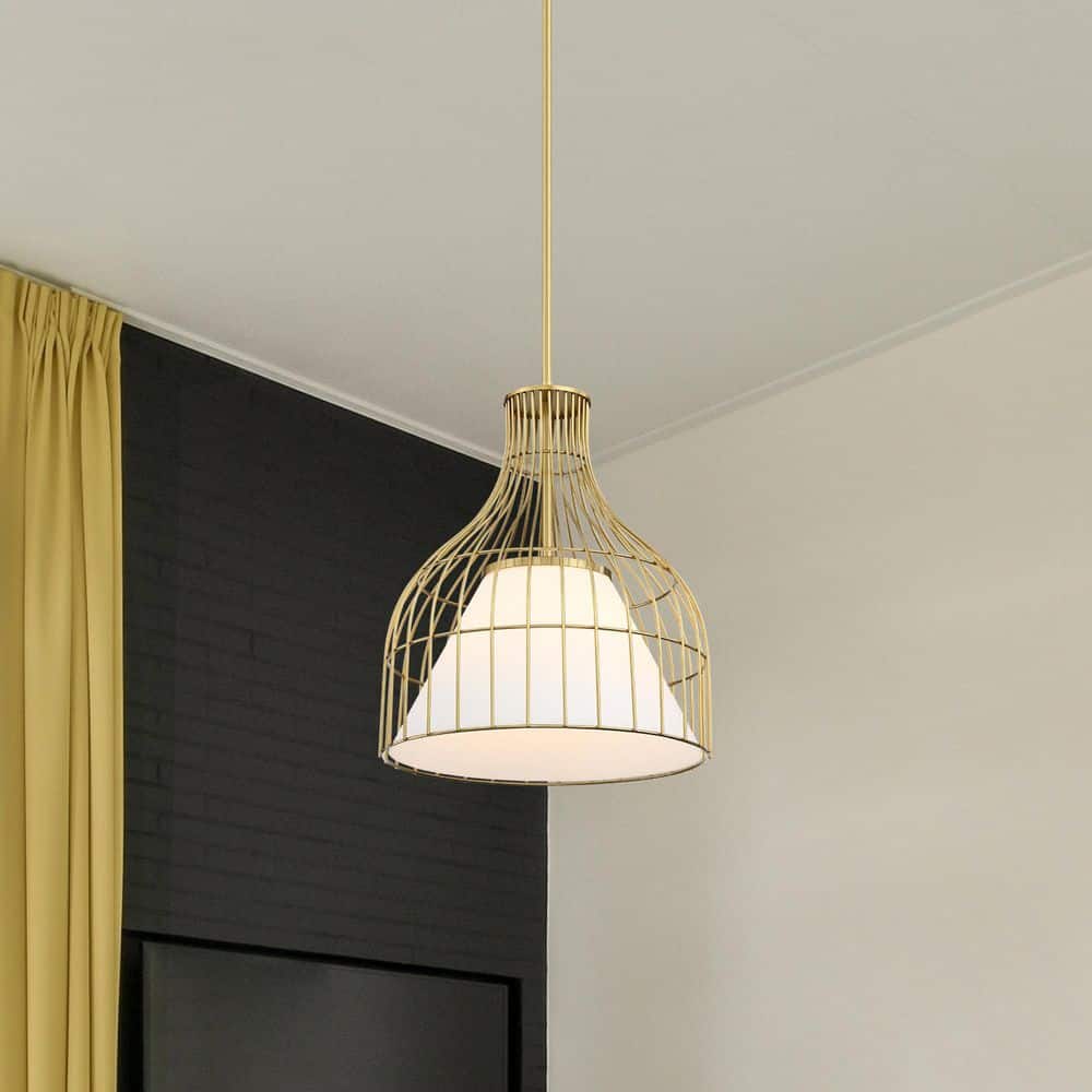 Evensong 60-Watt 1-Light Brushed Gold Bell Pendant with Etched Opal Glass Shade and Metal Outer Cage price history on PriceWatchPro
