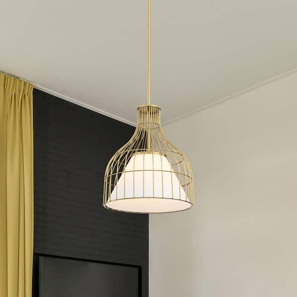 Evensong 60-Watt 1-Light Brushed Gold Bell Pendant with Etched Opal Glass Shade and Metal Outer Cage