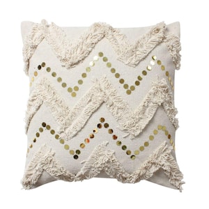 Off White Chevron Design Fringed and Sequins Polycotton Square 18 in. x 18 in. Handwoven Accent Throw Pillow (Set of 2)
