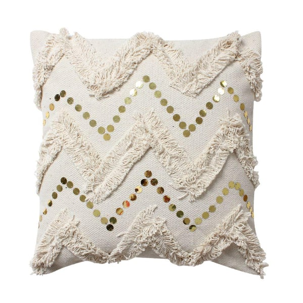 THE URBAN PORT Off White Chevron Design Fringed and Sequins Polycotton Square 18 in. x 18 in. Handwoven Accent Throw Pillow (Set of 2)