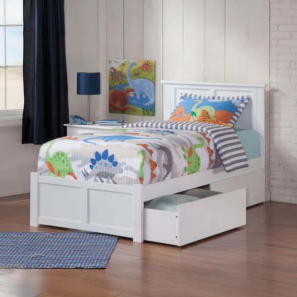 AFI Madison White Twin XL Solid Wood Storage Platform Bed with Flat Panel Foot Board and 2 Bed Drawers