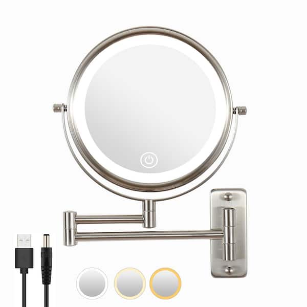 Tileon 8 in. W x 8 in. H Small Round 2-Side 1X/10X Magnifying, LED light, USB  Charge Bathroom Makeup Mirror in Nickel AYBSZHD1684 - The Home Depot