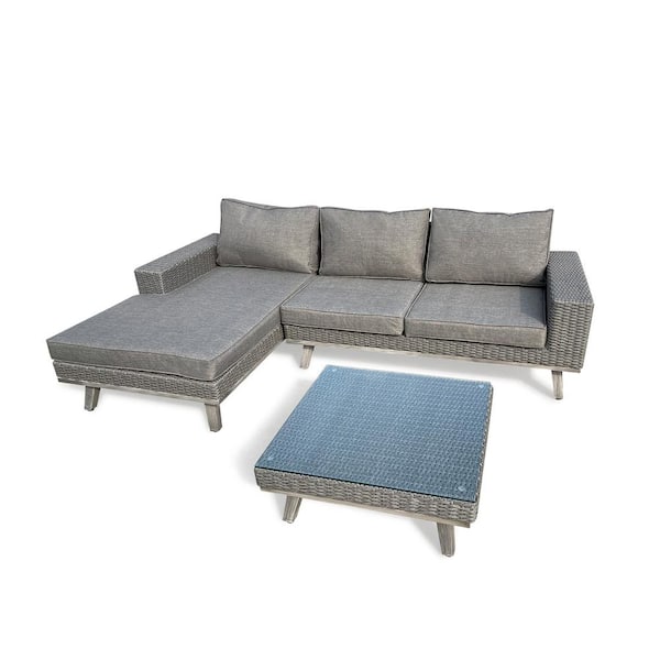 HiGreen Outdoor King 3-Piece Wicker Aluminum Outdoor Patio Conversation Sectional Seating Set with Charcoal Gray Cushions