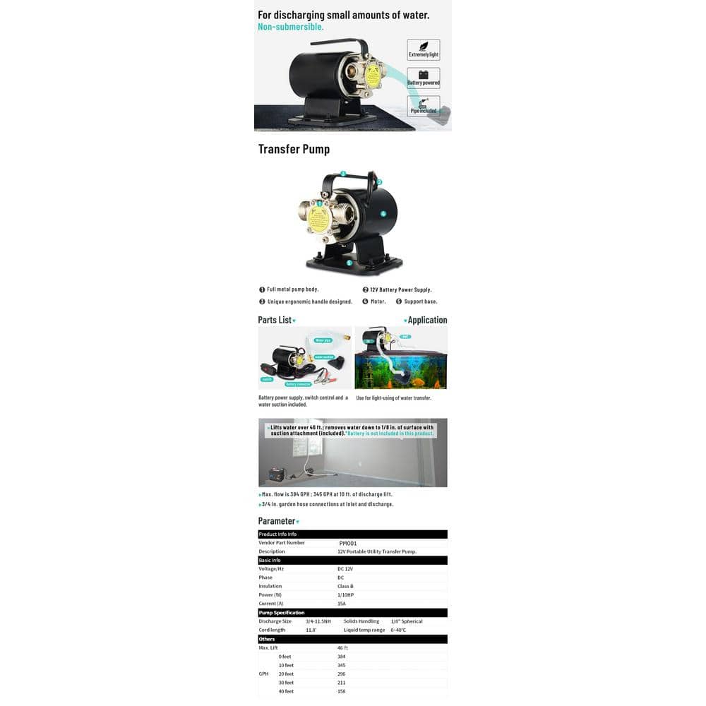 Acquaer 12V 1/10 HP Portable Electric Water Transfer Pump with Hose Kit