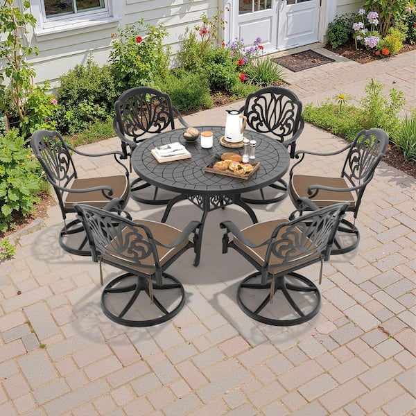 Unbranded 7-Piece Black Cast Aluminum Patio Outdoor Dining Set with Round  Table and Swivel Chairs with Brown Cushions