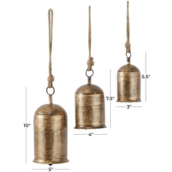 Litton Lane Gold Metal Tibetan Inspired Wide Cone Decorative Cow Bell with  Jute Hanging Rope (3- Pack) 042650 - The Home Depot