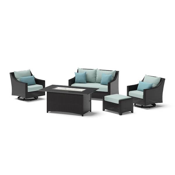 Deco 5-Piece Wicker Motion Patio Fire Pit Conversation Set with Sunbrella Spa Blue Cushions