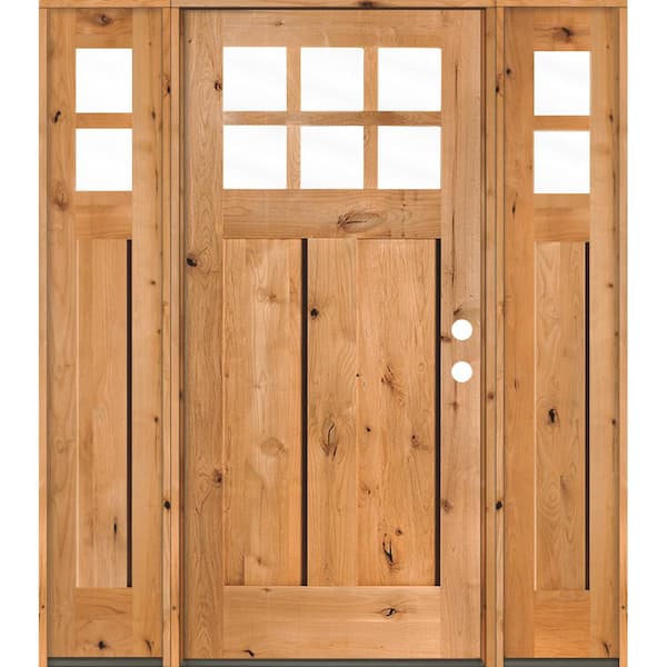 Krosswood Doors 60 in. x 80 in. Craftsman Knotty Alder Left-Hand/Inswing 6-Lite Clear Glass Clear Stain Wood Prehung Front Door with DSL