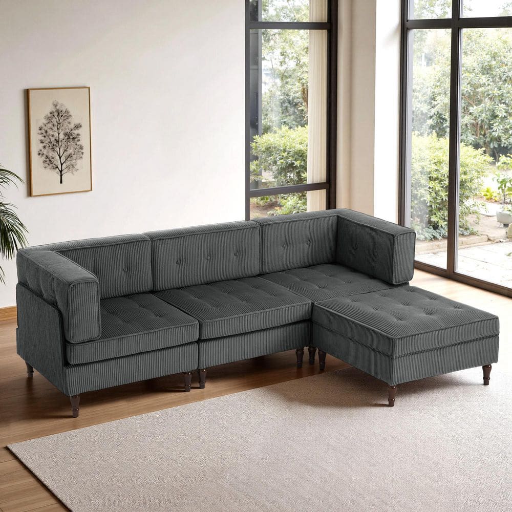Uixe 98.01 in. Square Arm 4-piece Corduroy L-Shaped Sectional Sofa