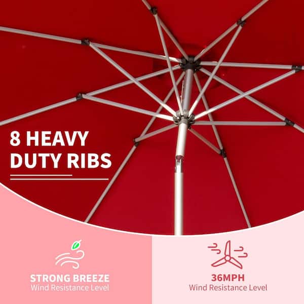 10 ft. Aluminium Outdoor Market Table Patio Umbrella with Button Tilt, Crank and 8 Sturdy Ribs for Garden in Red